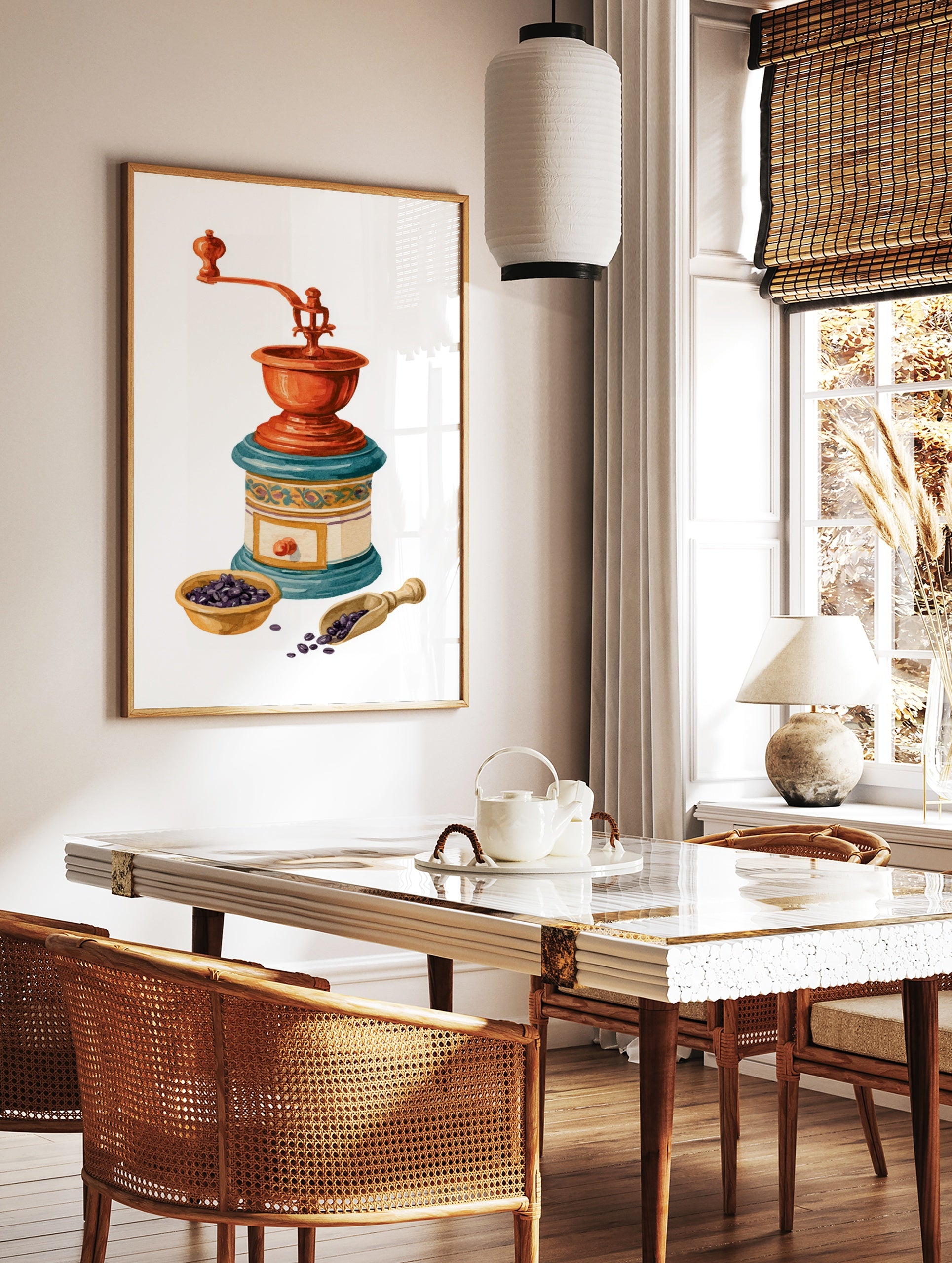 Watercolour illustration of a vintage coffee grinder with copper top and blue base, with coffee, in a styled room mockup