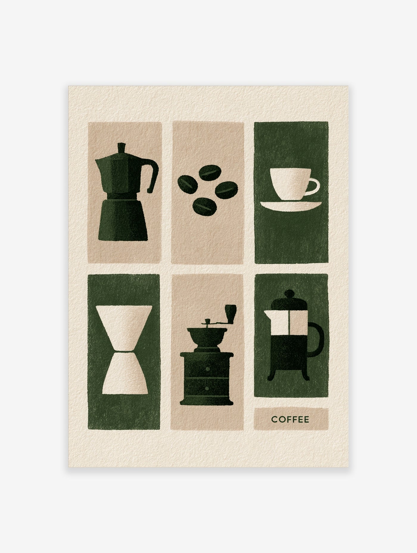 Coffee illustration wall art print with moka pot, grinder, and press in dark green and beige, kitchen decor poster