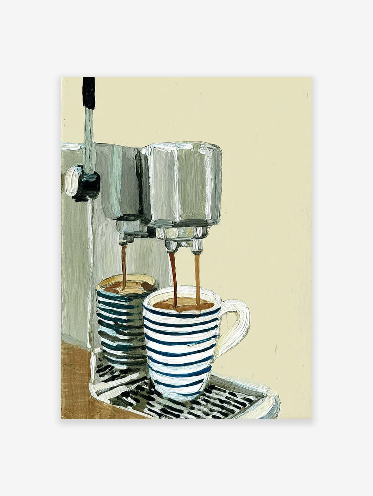 Illustrated coffee machine poster pouring coffee into a striped mug and another cup on a counter with a light background.