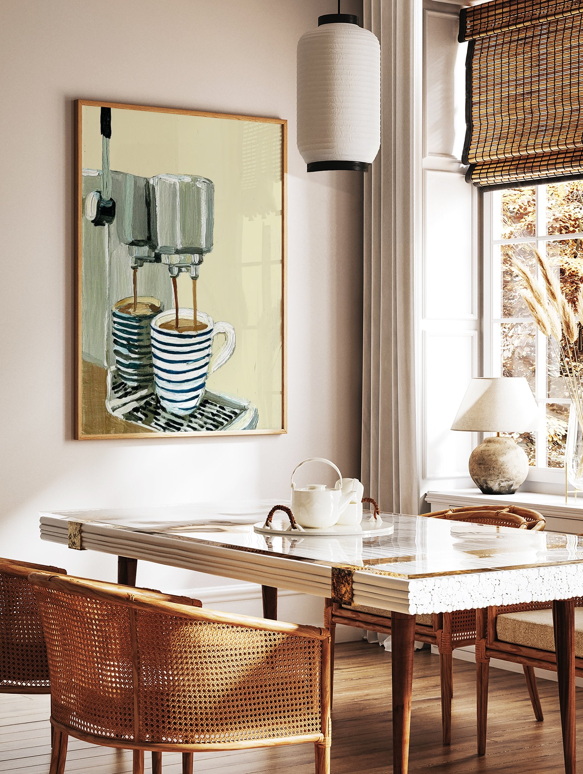 Illustrated coffee machine poster pouring coffee into a striped mug and another cup on a counter with a light background. - Image 2