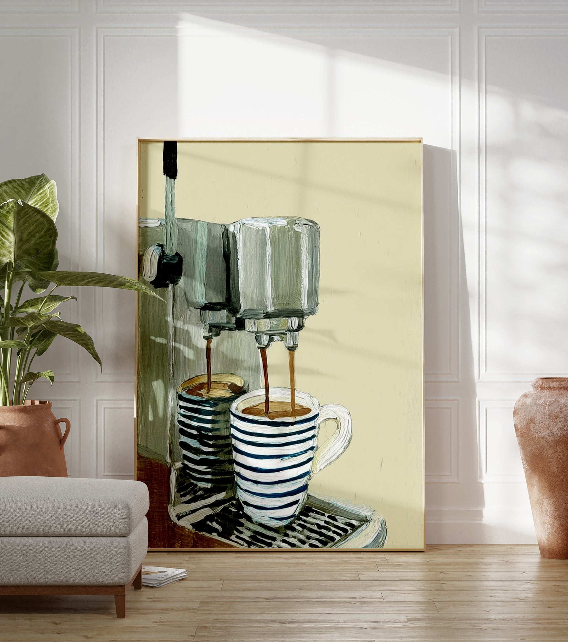 Illustrated coffee machine poster pouring coffee into a striped mug and another cup on a counter with a light background. - Image 3