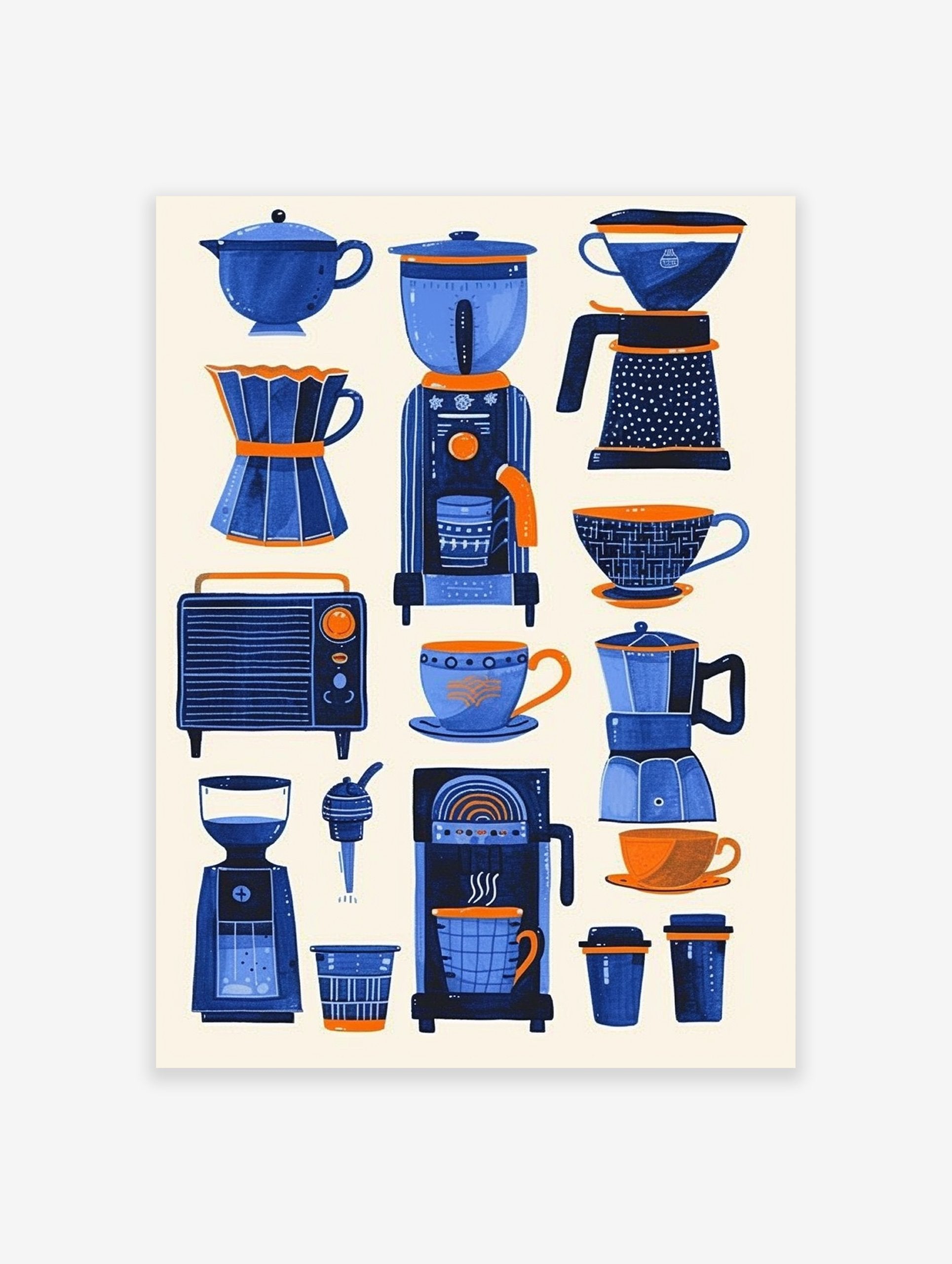A poster featuring various blue and orange coffee makers, grinders, and cups in an illustrative style on a light background.