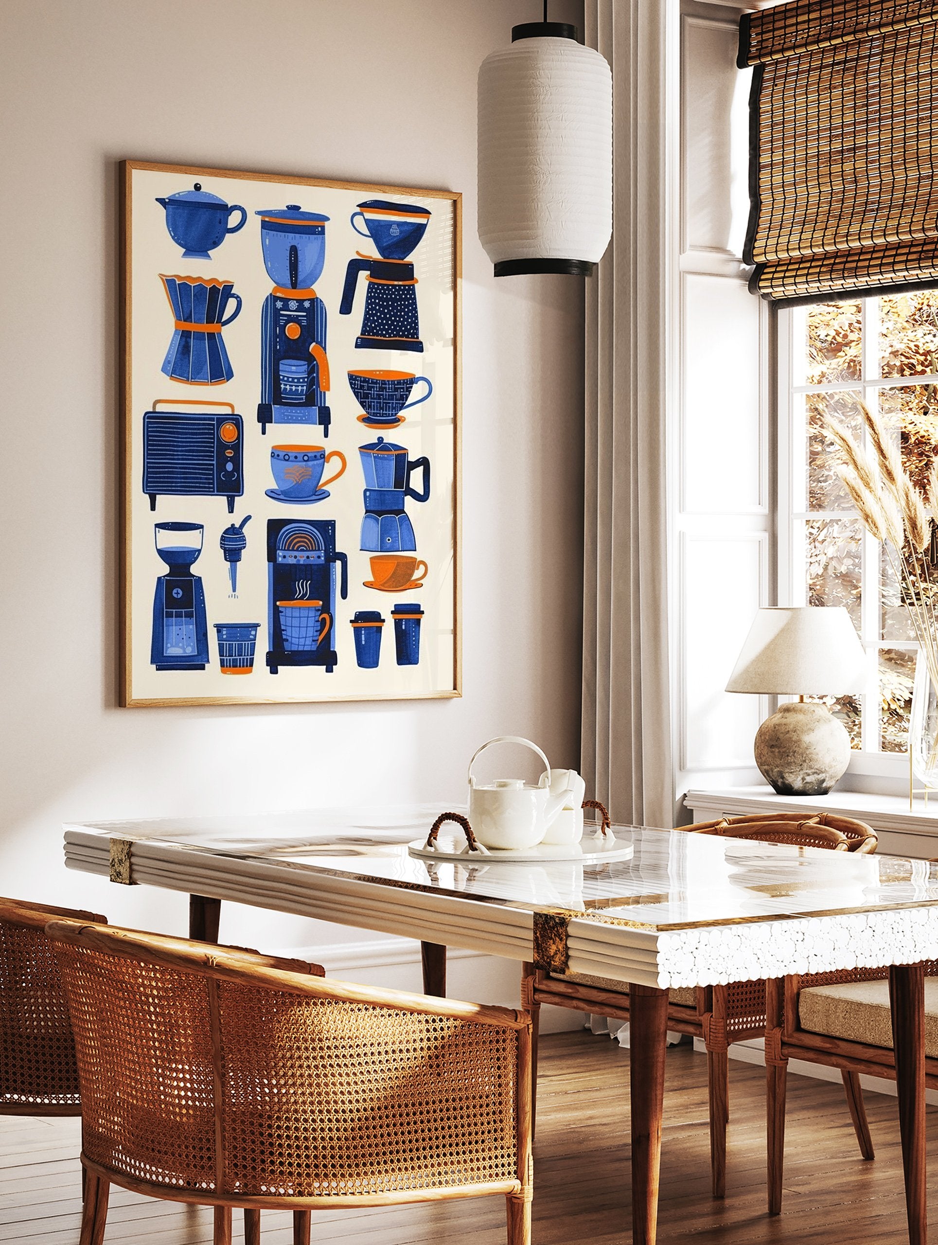 A poster featuring various blue and orange coffee makers, grinders, and cups in an illustrative style on a light background. - Image 2
