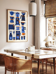 A poster featuring various blue and orange coffee makers, grinders, and cups in an illustrative style on a light background. - Image 2