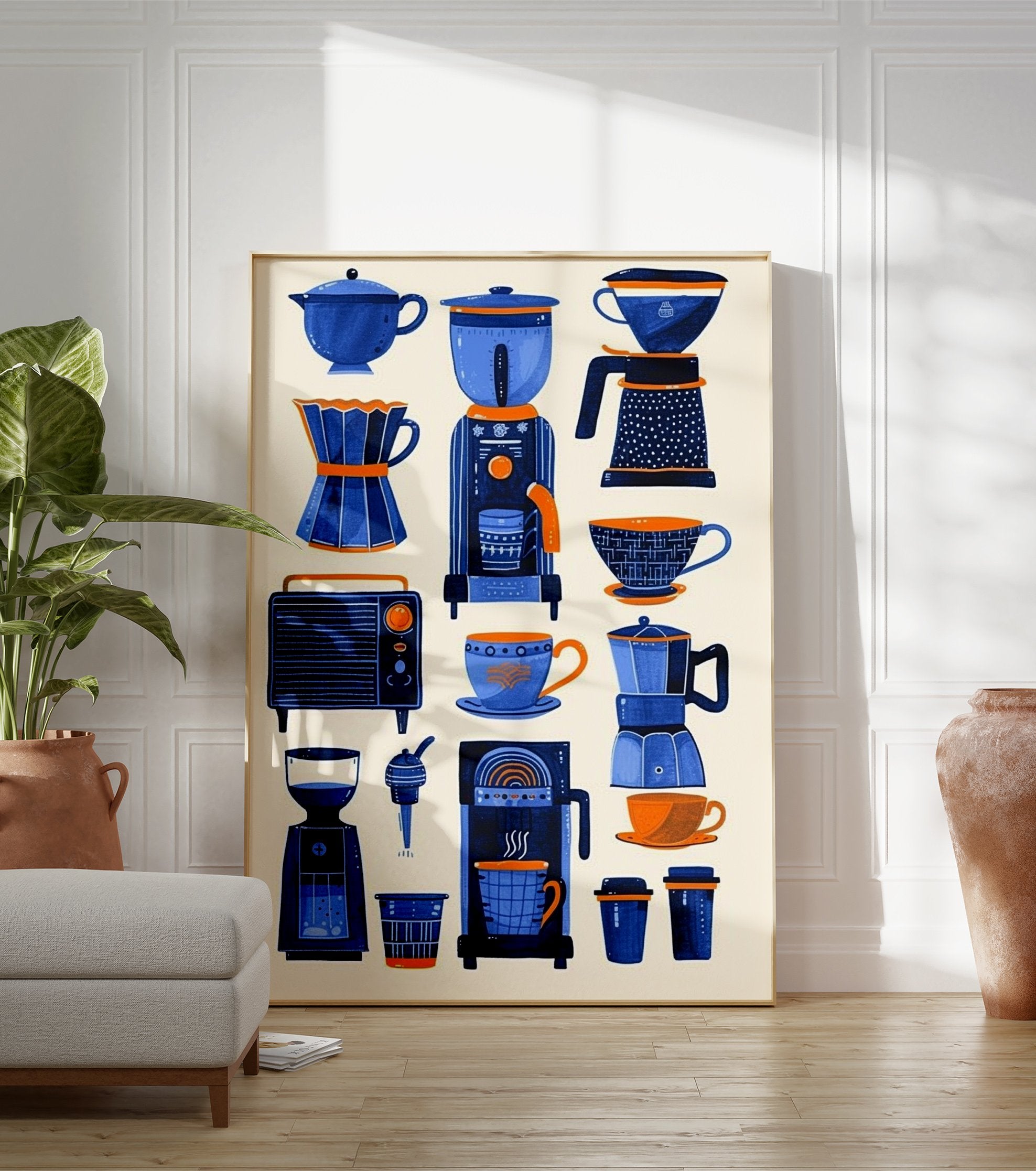 A poster featuring various blue and orange coffee makers, grinders, and cups in an illustrative style on a light background. - Image 3