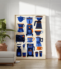 A poster featuring various blue and orange coffee makers, grinders, and cups in an illustrative style on a light background. - Image 3