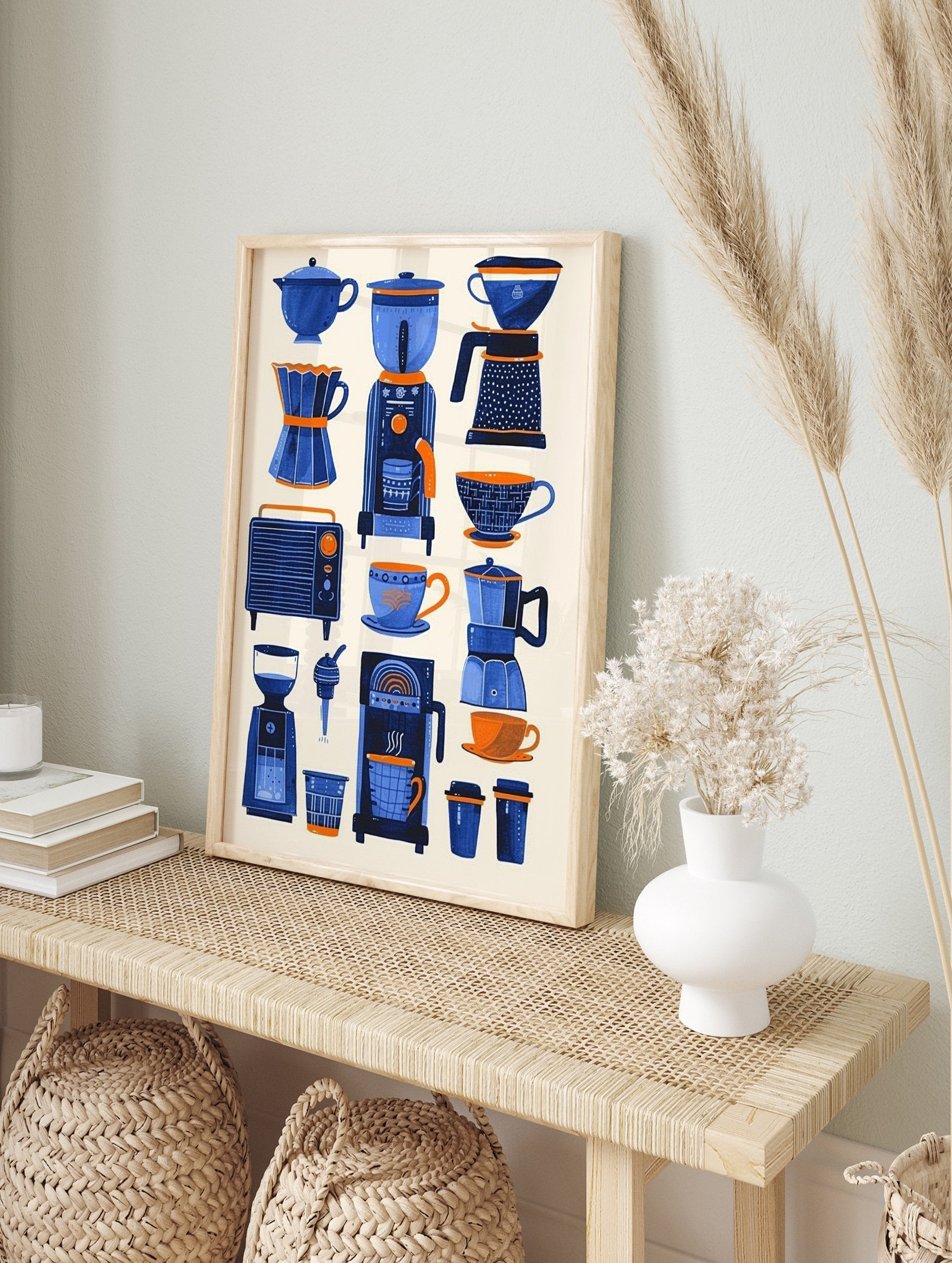 A poster featuring various blue and orange coffee makers, grinders, and cups in an illustrative style on a light background. - Image 4