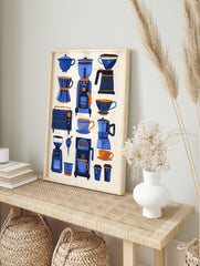 A poster featuring various blue and orange coffee makers, grinders, and cups in an illustrative style on a light background. - Image 4