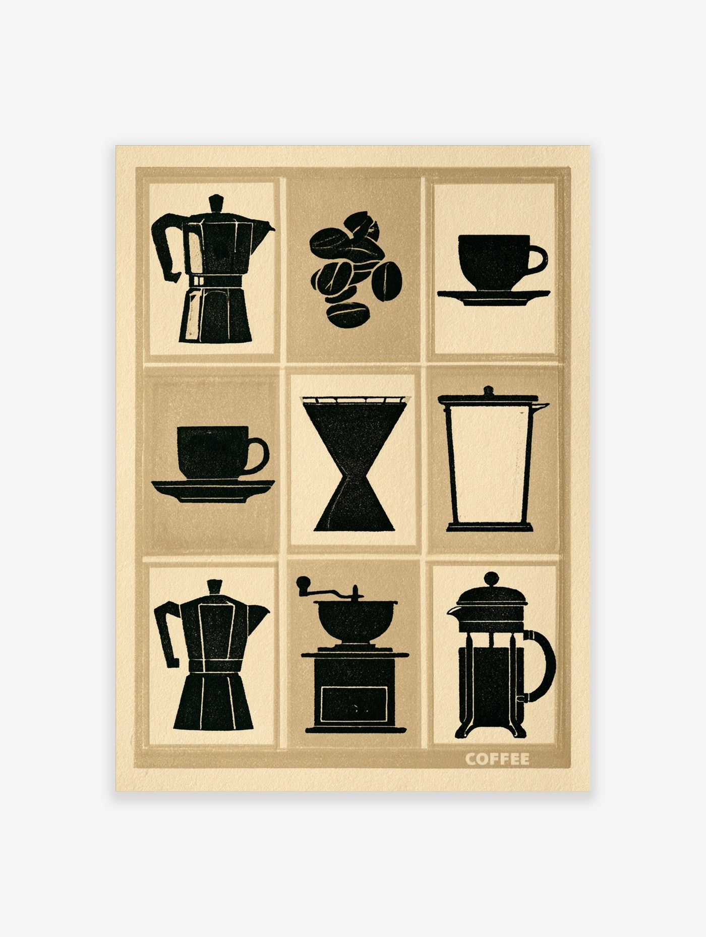 Minimalist coffee wall art print featuring black silhouettes of Moka pots, coffee beans, and a grinder on a beige background