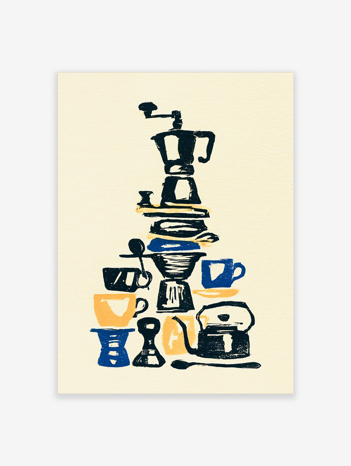 Coffee maker and stacked mugs, kettle, grinder illustration in navy, blue, yellow on cream background