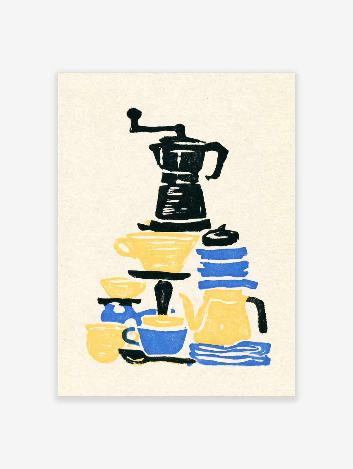 Illustrated coffee grinder and cups in yellow and blue on cream background, graphic kitchen art print