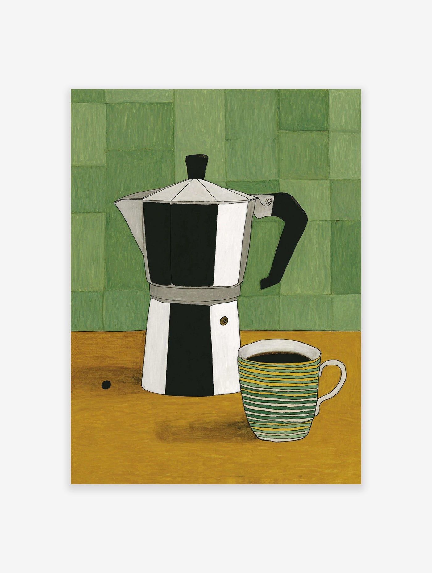 Illustrated art print of a silver Moka pot coffee maker and a green and yellow striped coffee mug on a yellow table.