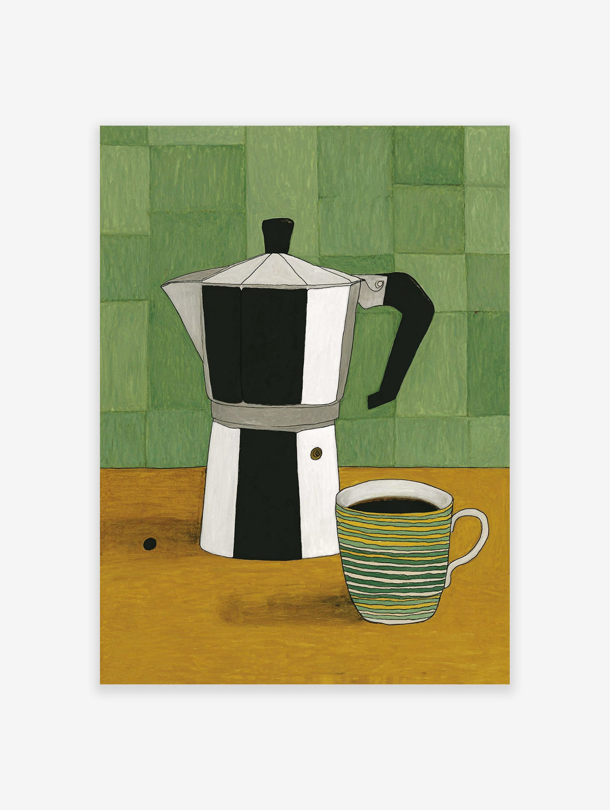 Illustrated art print of a silver Moka pot coffee maker and a green and yellow striped coffee mug on a yellow table.