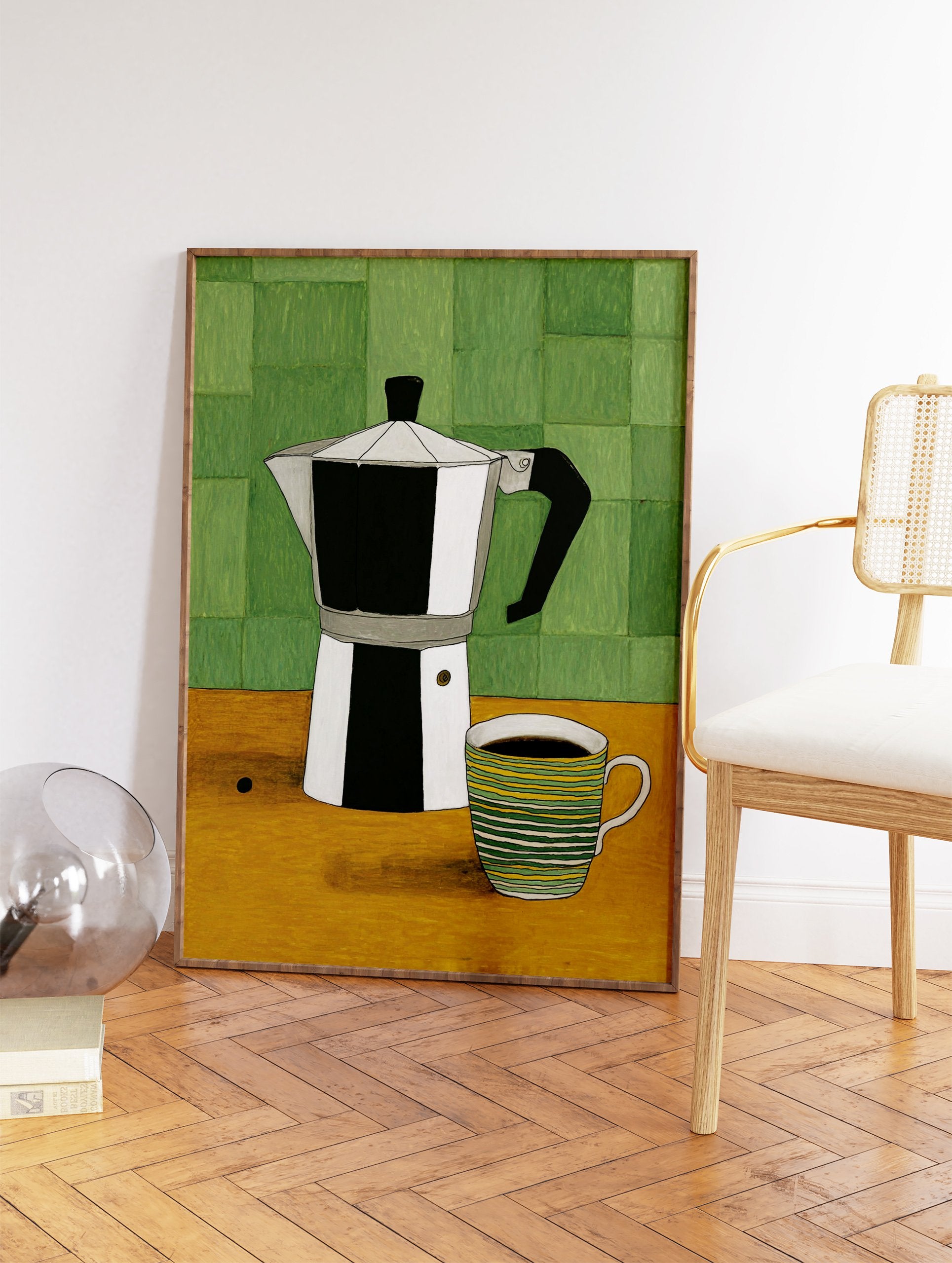 Illustrated art print of a silver Moka pot coffee maker and a green and yellow striped coffee mug on a yellow table. - Image 2