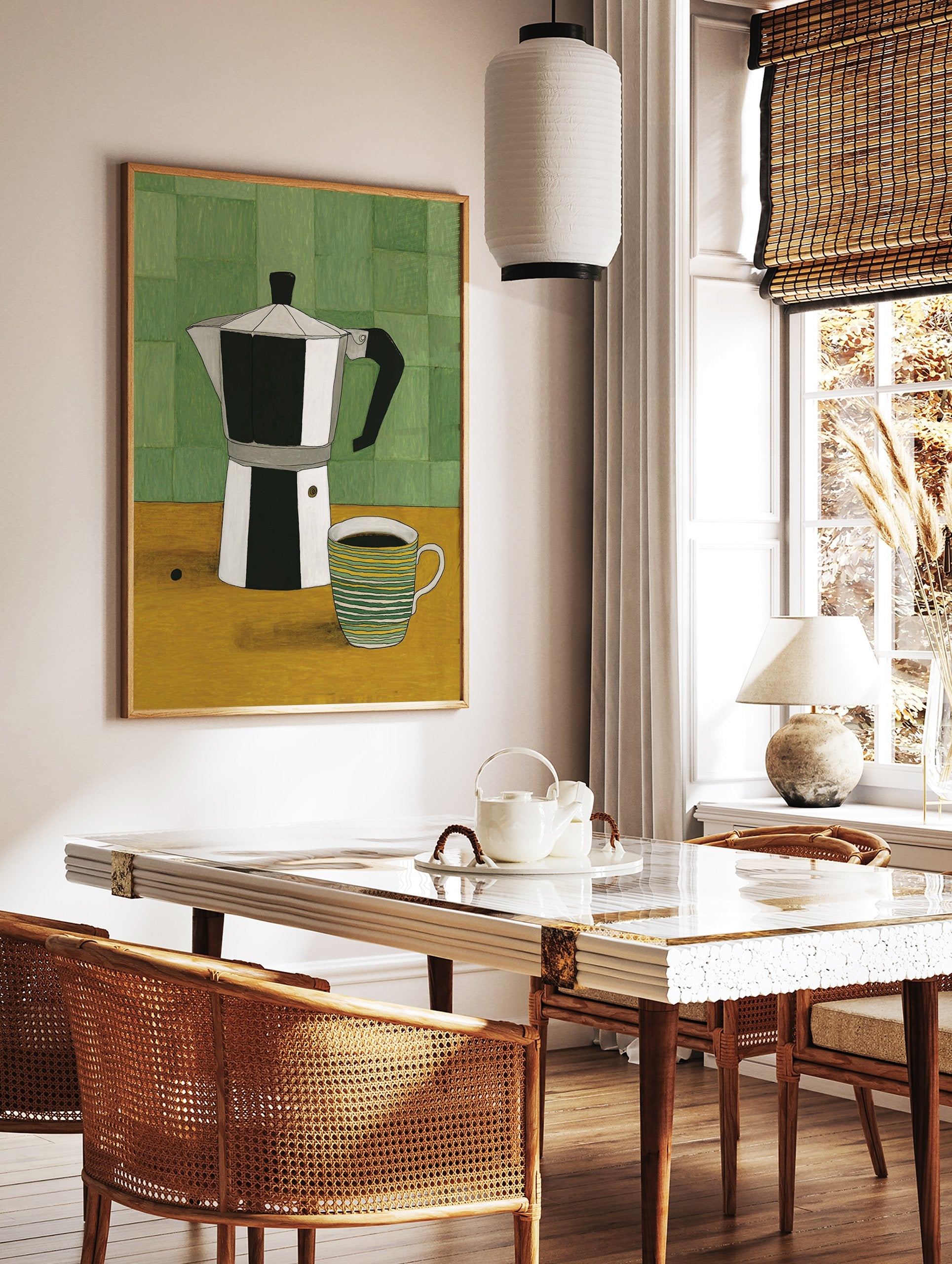 Illustrated art print of a silver Moka pot coffee maker and a green and yellow striped coffee mug on a yellow table. - Image 3