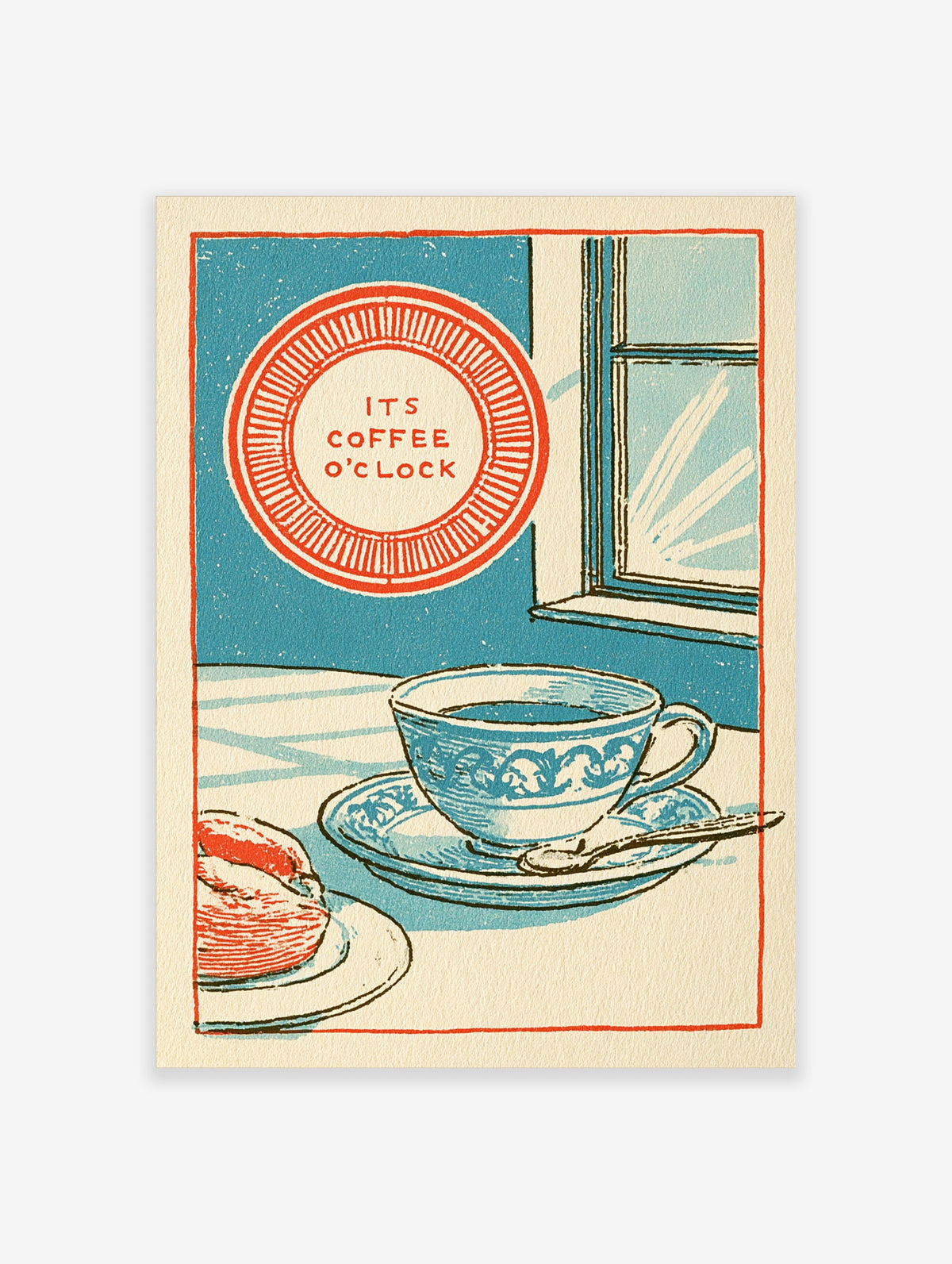 Retro kitchen poster with blue coffee cup, saucer, spoon, pastry and red text reading It's Coffee O'Clock
