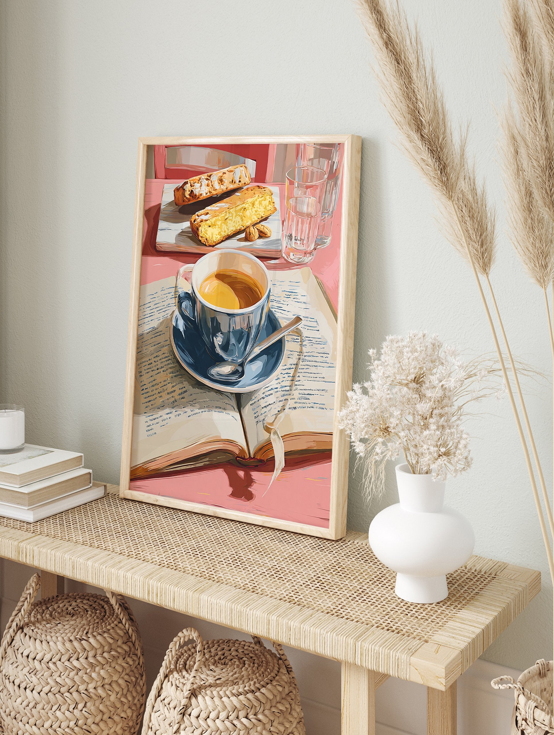 Coffee poster showing a blue cup of coffee, open book, and two pieces of cake on a pink table with water glasses. - Image 4
