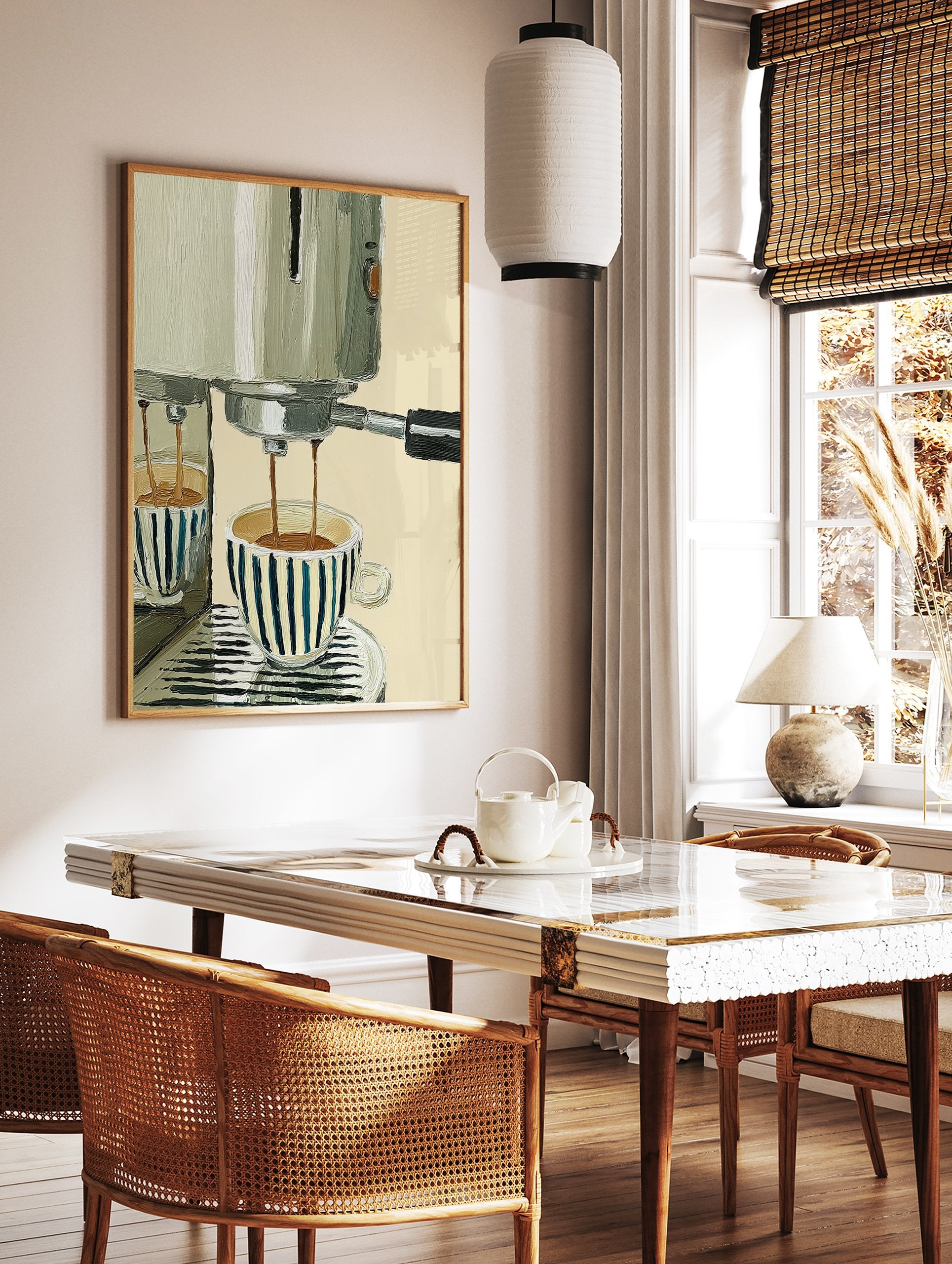 Coffee poster depicting an espresso machine pouring coffee into two blue and white striped cups on a light background. - Image 2