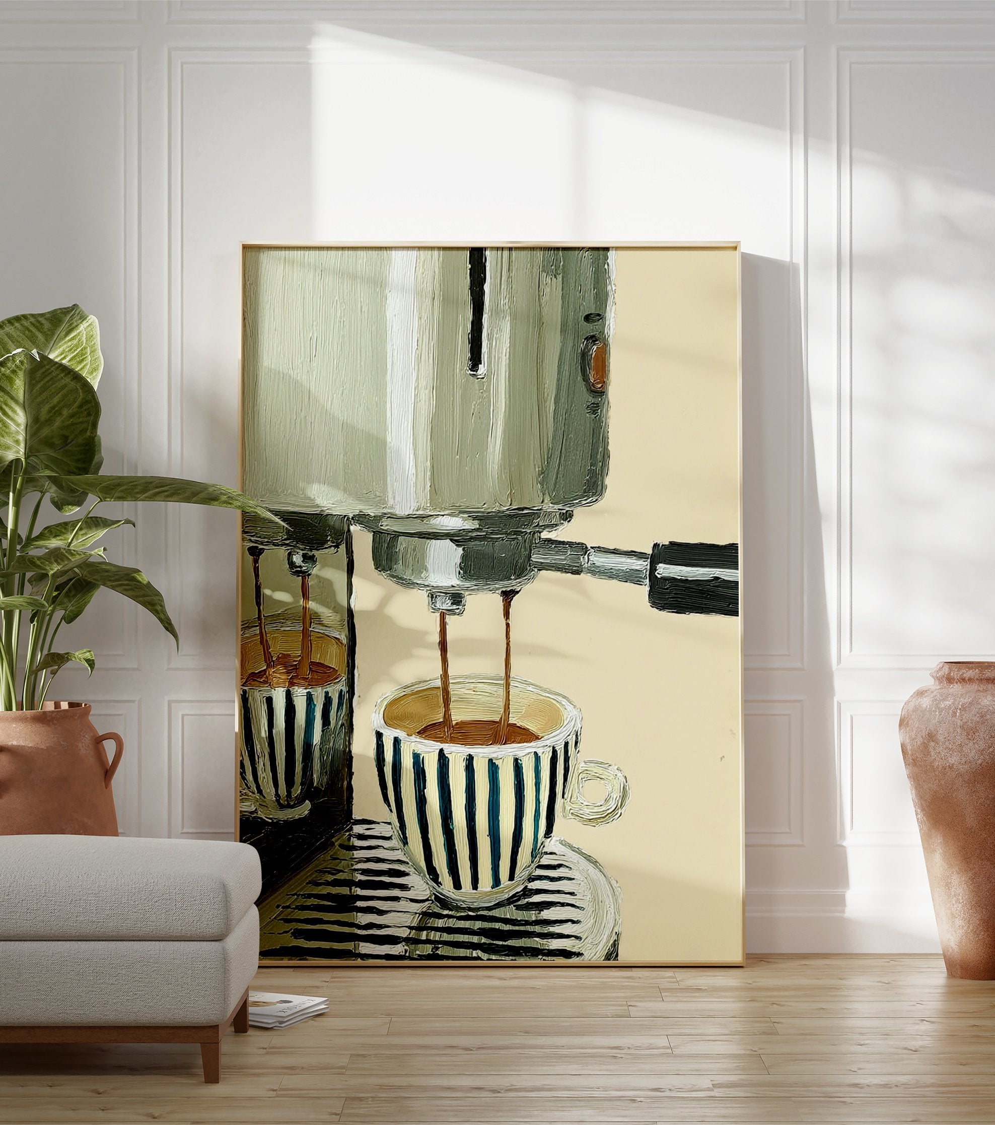 Coffee poster depicting an espresso machine pouring coffee into two blue and white striped cups on a light background. - Image 3