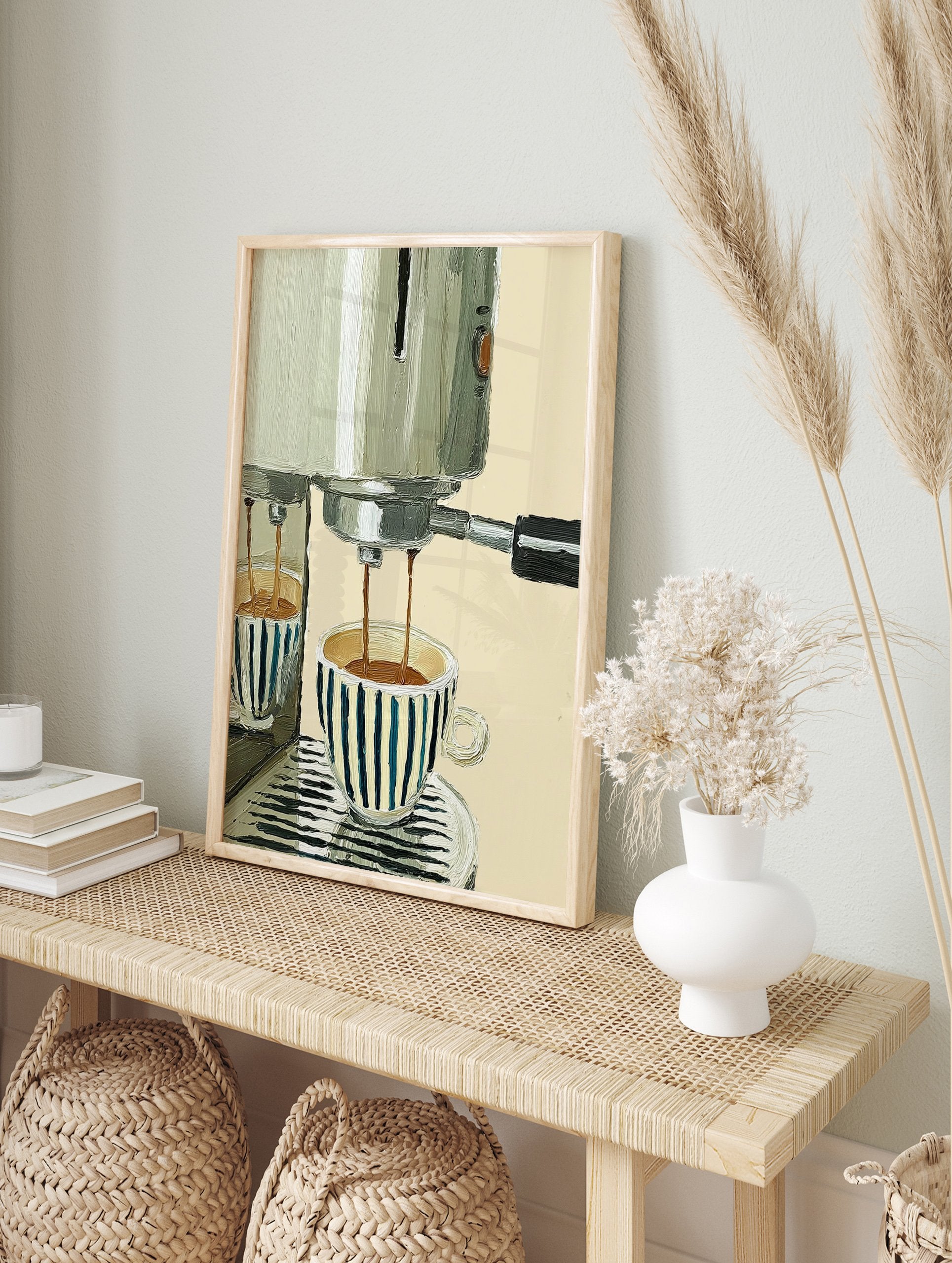 Coffee poster depicting an espresso machine pouring coffee into two blue and white striped cups on a light background. - Image 4