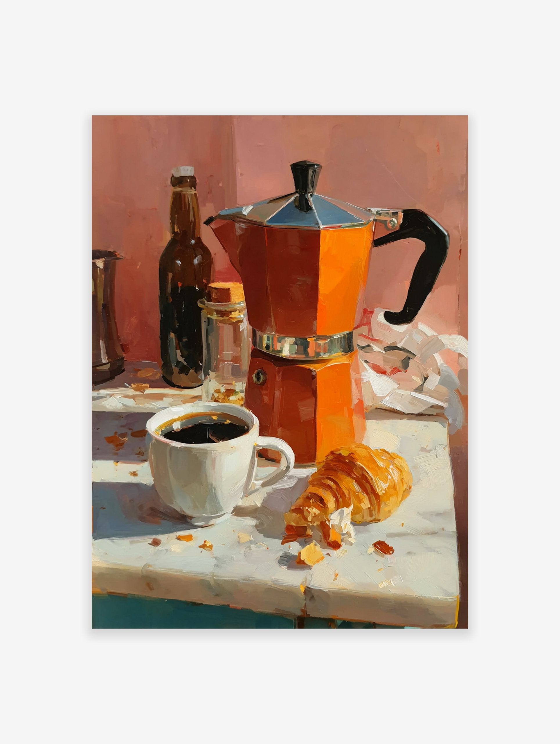 Coffee poster featuring an orange moka pot, a white cup of black coffee, and a croissant on a white table with a pink wall background.