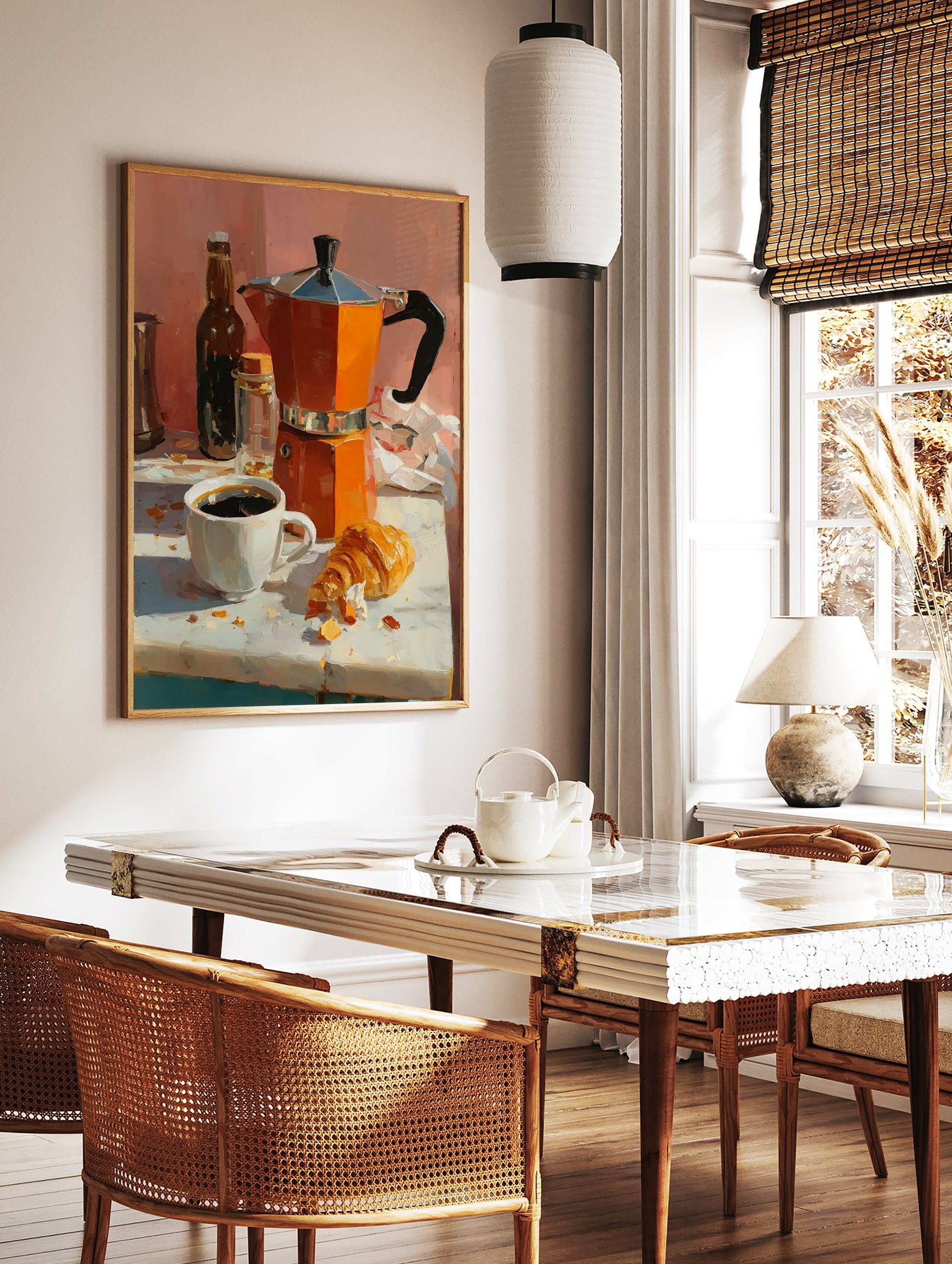 Coffee poster featuring an orange moka pot, a white cup of black coffee, and a croissant on a white table with a pink wall background. - Image 2