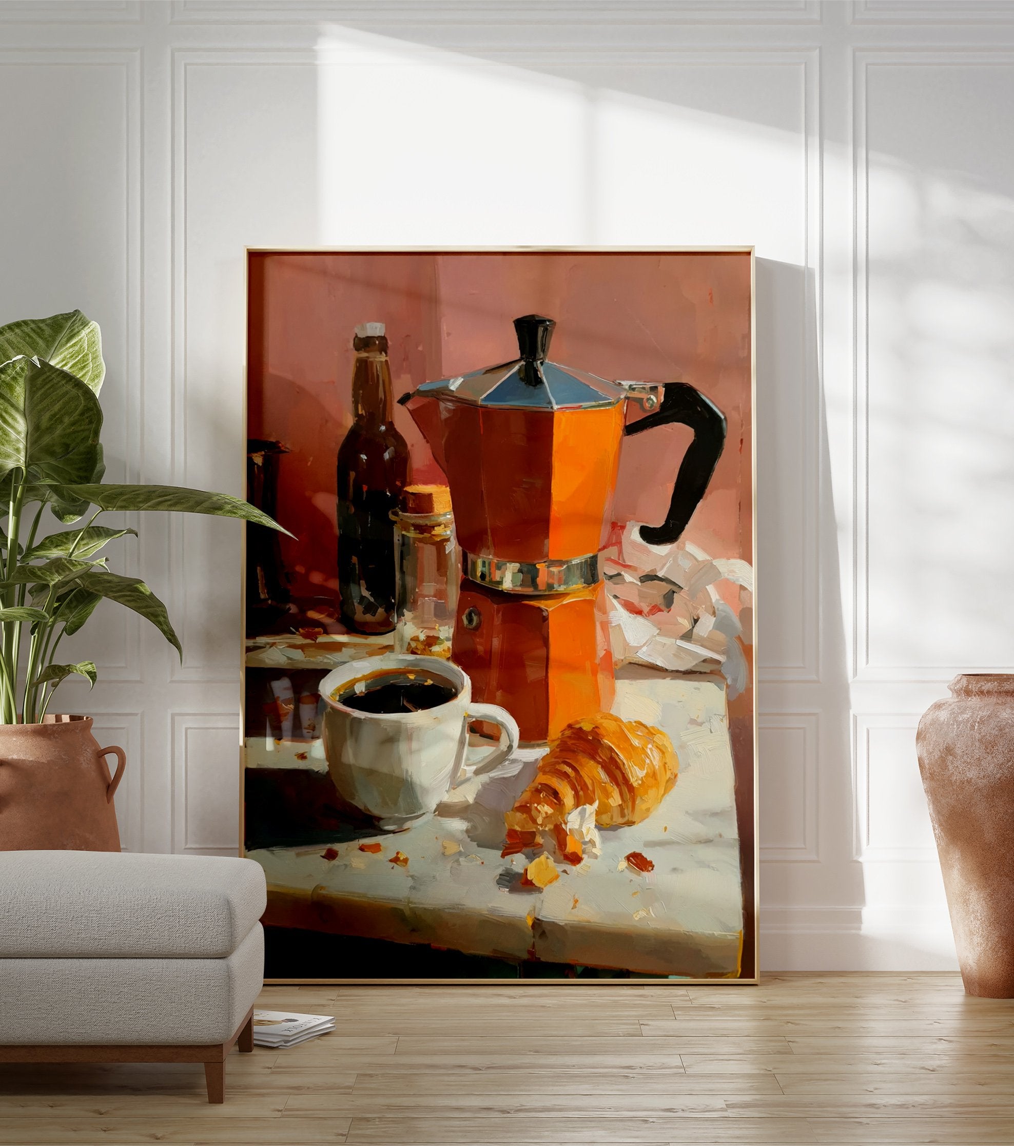 Coffee poster featuring an orange moka pot, a white cup of black coffee, and a croissant on a white table with a pink wall background. - Image 3