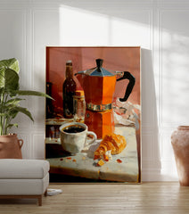 Coffee poster featuring an orange moka pot, a white cup of black coffee, and a croissant on a white table with a pink wall background. - Image 3