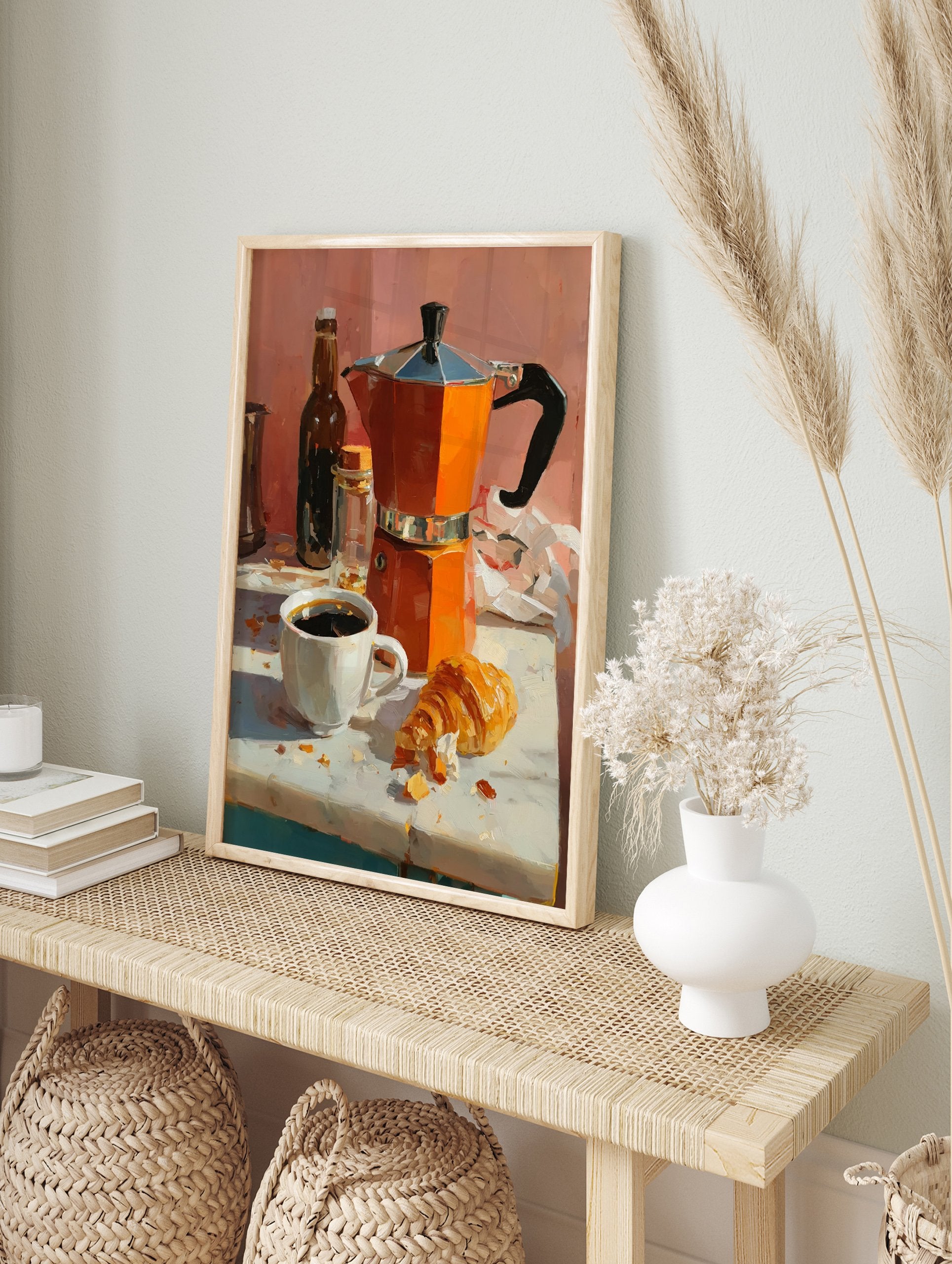 Coffee poster featuring an orange moka pot, a white cup of black coffee, and a croissant on a white table with a pink wall background. - Image 4