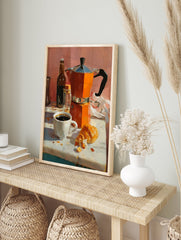 Coffee poster featuring an orange moka pot, a white cup of black coffee, and a croissant on a white table with a pink wall background. - Image 4