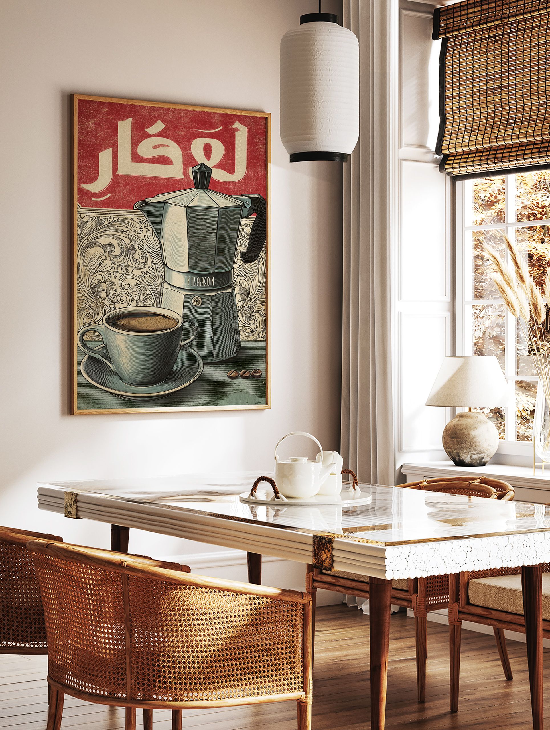 Vintage coffee poster featuring a moka pot, a cup of coffee, and Arabic calligraphy on a red and beige background. - Image 2
