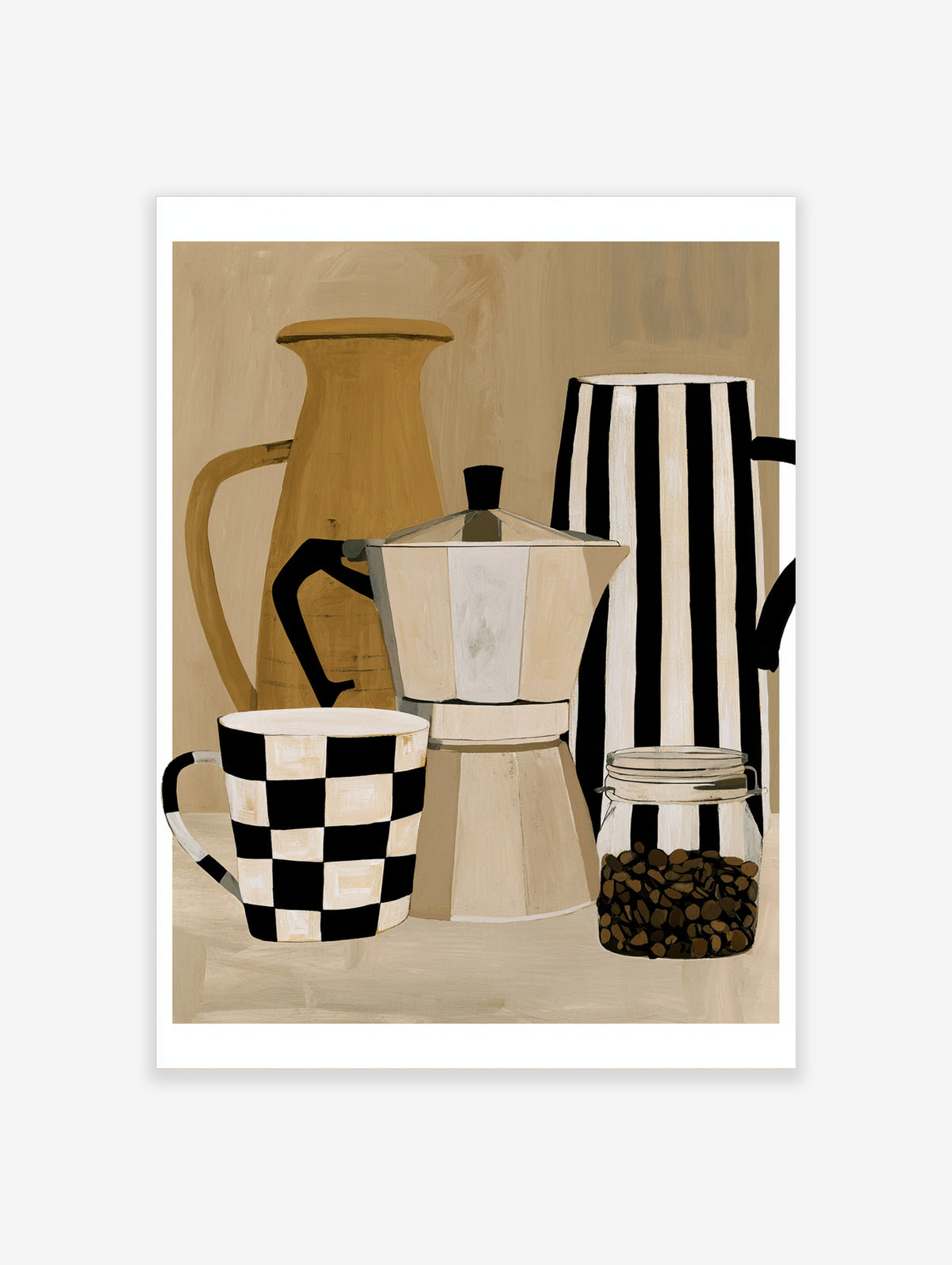 Coffee pot poster with moka pot, checkerboard mug, striped jug, and coffee beans in a jar