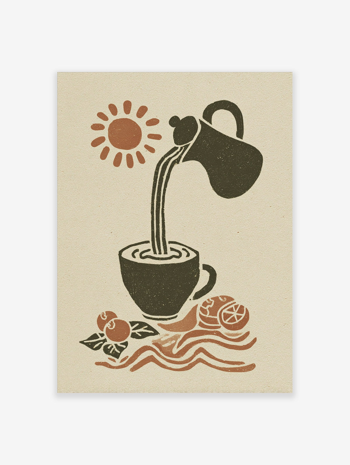 Coffee pour wall art with black kettle, cup, sun, and fruits in earth tones on beige background
