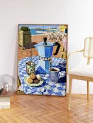 Coffee Terrace Art print with a blue moka pot, coffee cup, and cookies on a checkered table by the Mediterranean sea. - Image 2