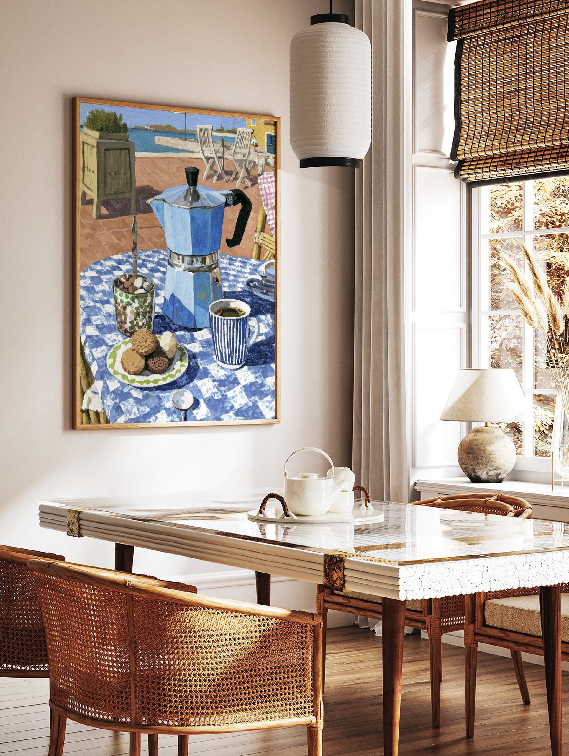 Coffee Terrace Art print with a blue moka pot, coffee cup, and cookies on a checkered table by the Mediterranean sea. - Image 3