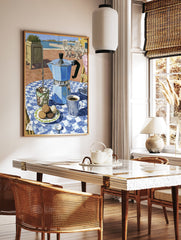 Coffee Terrace Art print with a blue moka pot, coffee cup, and cookies on a checkered table by the Mediterranean sea. - Image 3