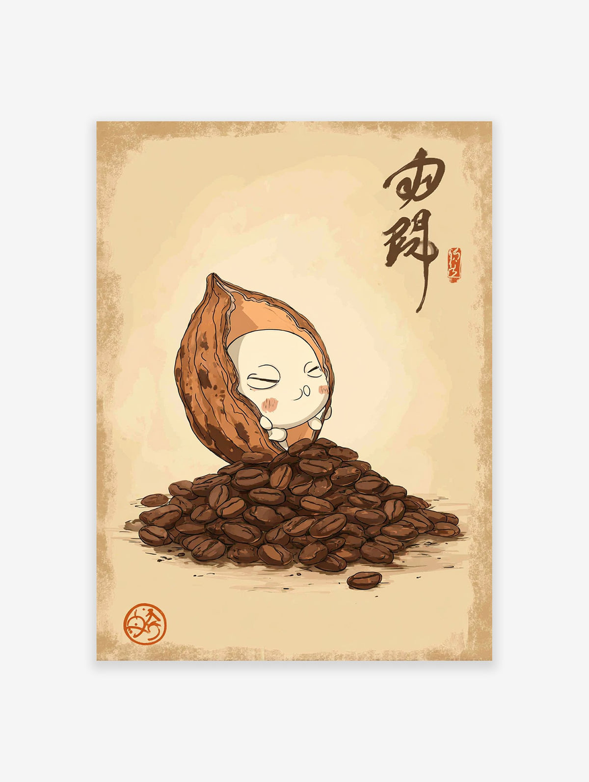 Whimsical coffee wall art featuring a cute character in a coffee bean pod surrounded by roasted coffee beans and Asian calligraphy.