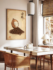 Whimsical coffee wall art featuring a cute character in a coffee bean pod surrounded by roasted coffee beans and Asian calligraphy. - Image 3