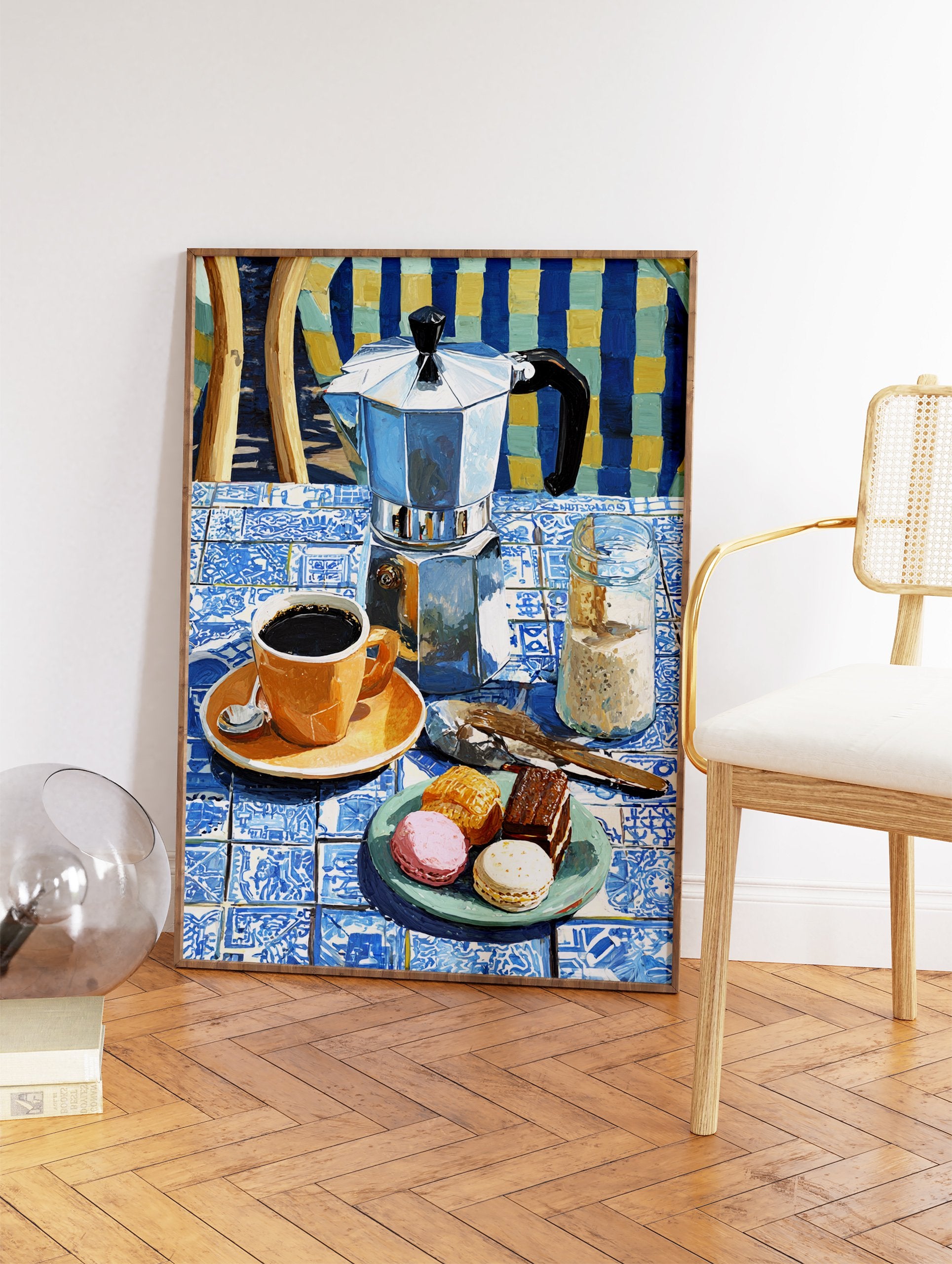Coffee Wall Art featuring a Moka pot, orange coffee cup, macarons, and chocolate cake on a blue and white tiled table. - Image 2
