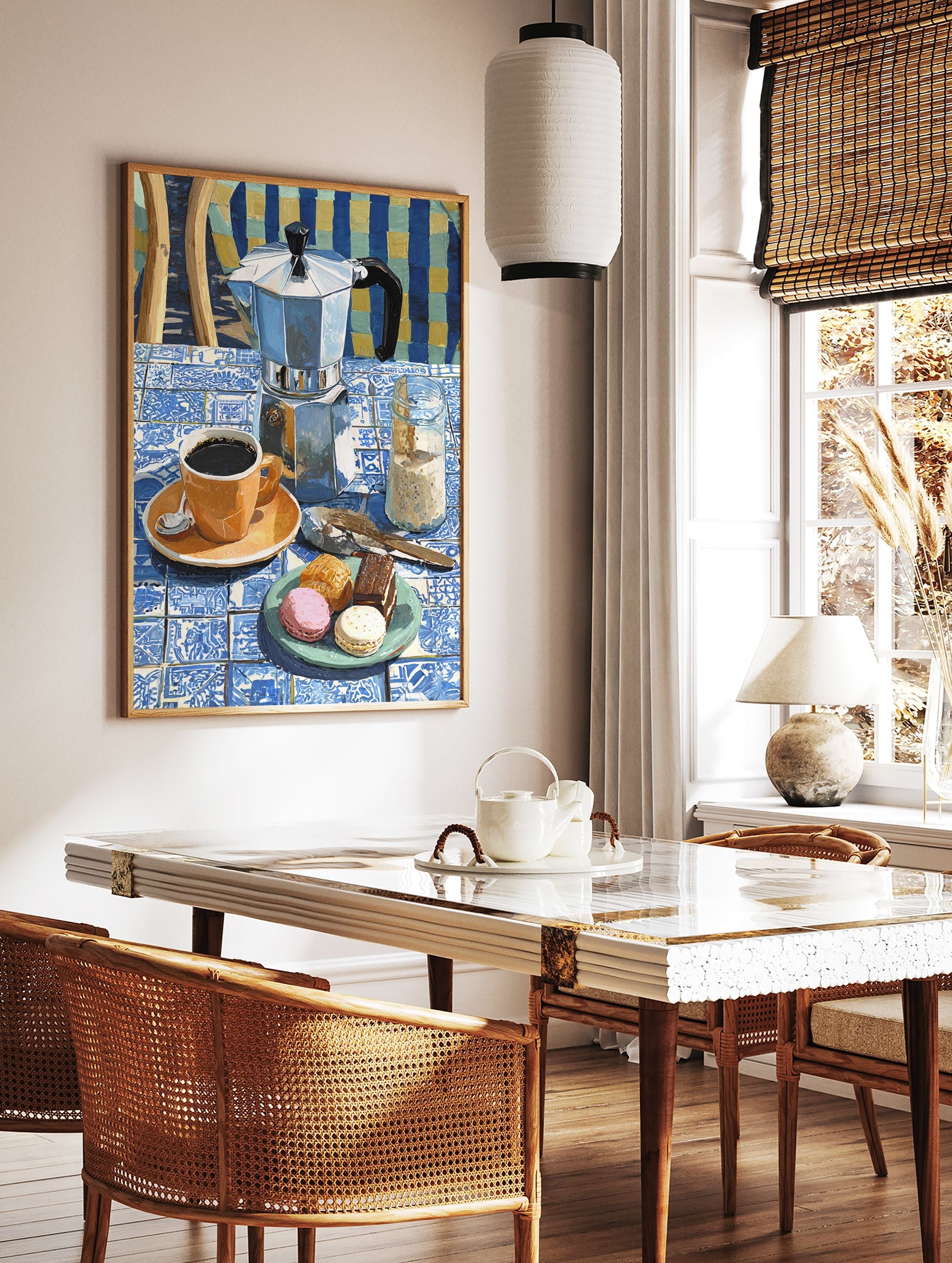 Coffee Wall Art featuring a Moka pot, orange coffee cup, macarons, and chocolate cake on a blue and white tiled table. - Image 3
