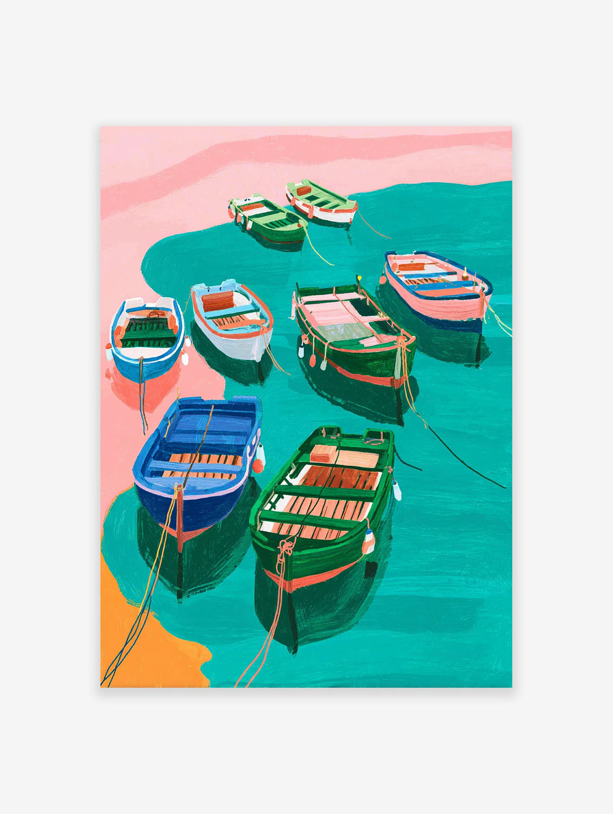Colorful illustrative art print of multiple fishing boats in teal water near a pink shore, coastal scene.