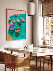 Colorful illustrative art print of multiple fishing boats in teal water near a pink shore, coastal scene. - Image 2