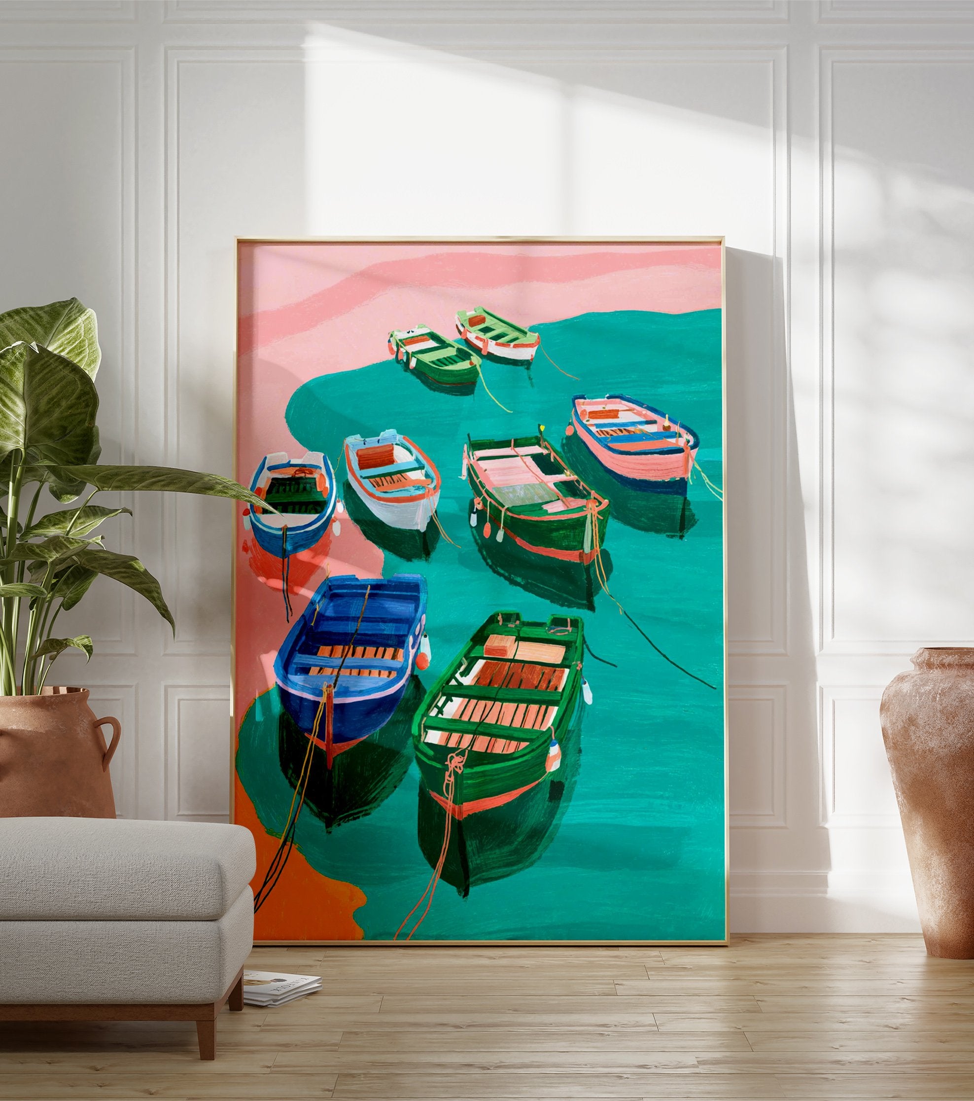 Colorful illustrative art print of multiple fishing boats in teal water near a pink shore, coastal scene. - Image 3