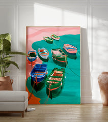 Colorful illustrative art print of multiple fishing boats in teal water near a pink shore, coastal scene. - Image 3