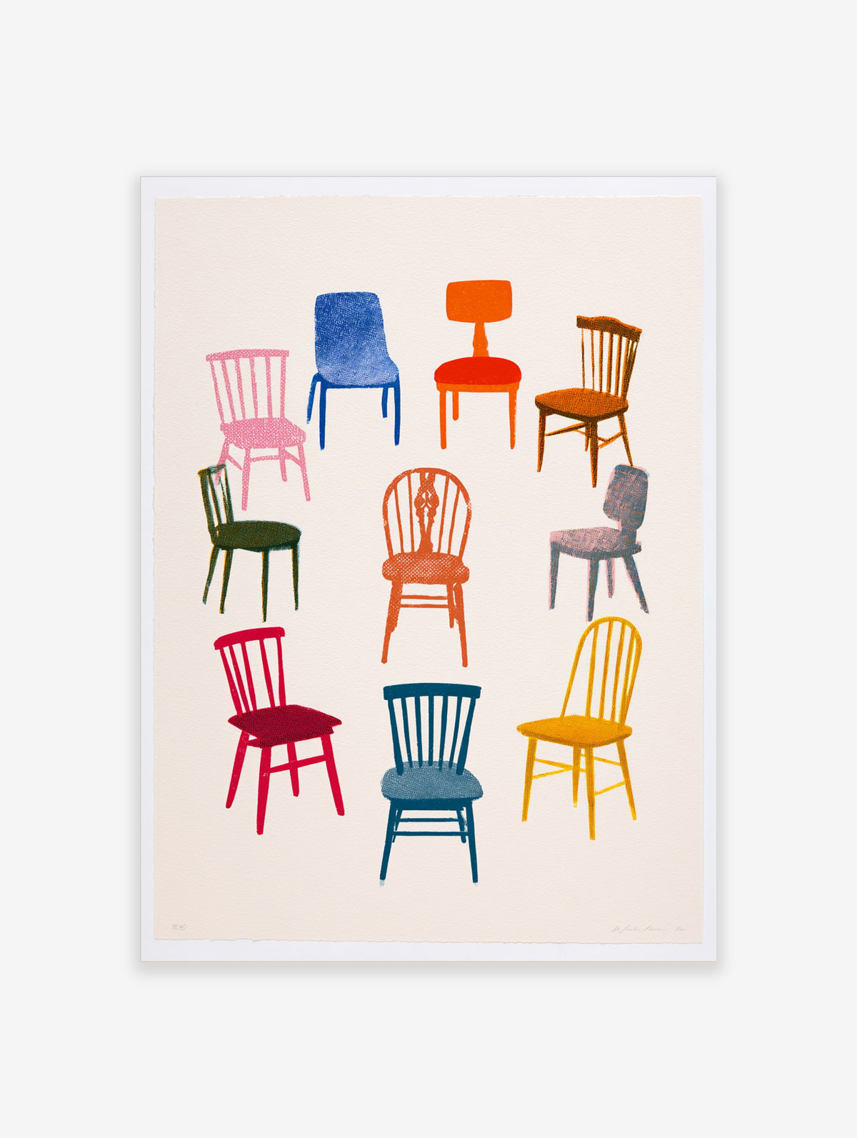 Illustration of nine colourful chairs in various styles arranged in a circle on a neutral background