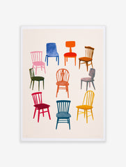Illustration of nine colourful chairs in various styles arranged in a circle on a neutral background