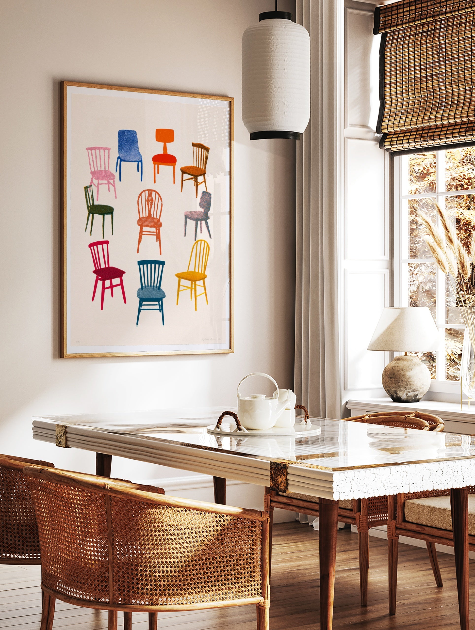 Illustration of nine colourful chairs in various styles arranged in a circle on a neutral background, in a styled room mockup