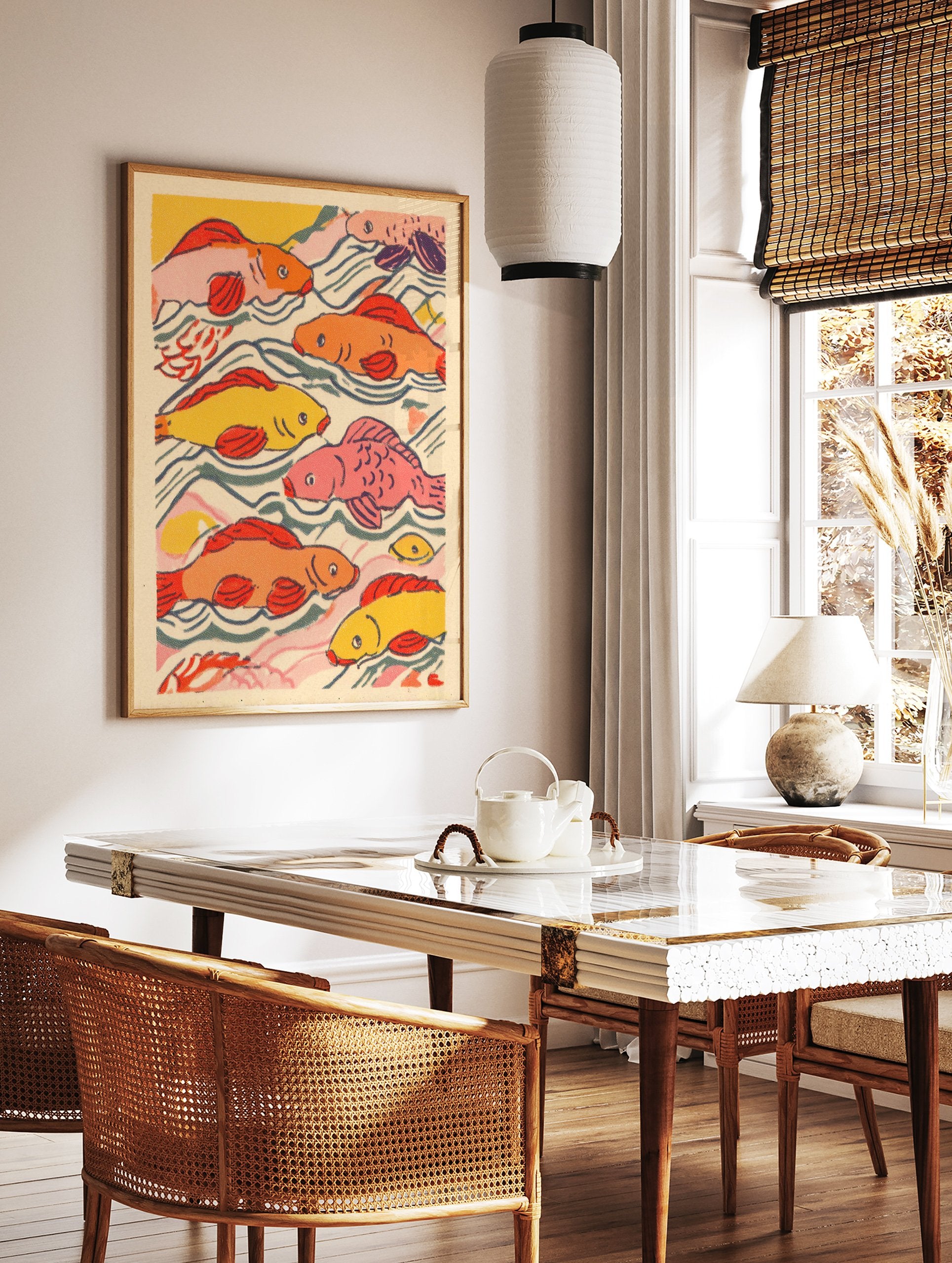Colorful illustrative fish wall art print featuring multiple orange, yellow, and pink koi swimming in blue-green water. - Image 2