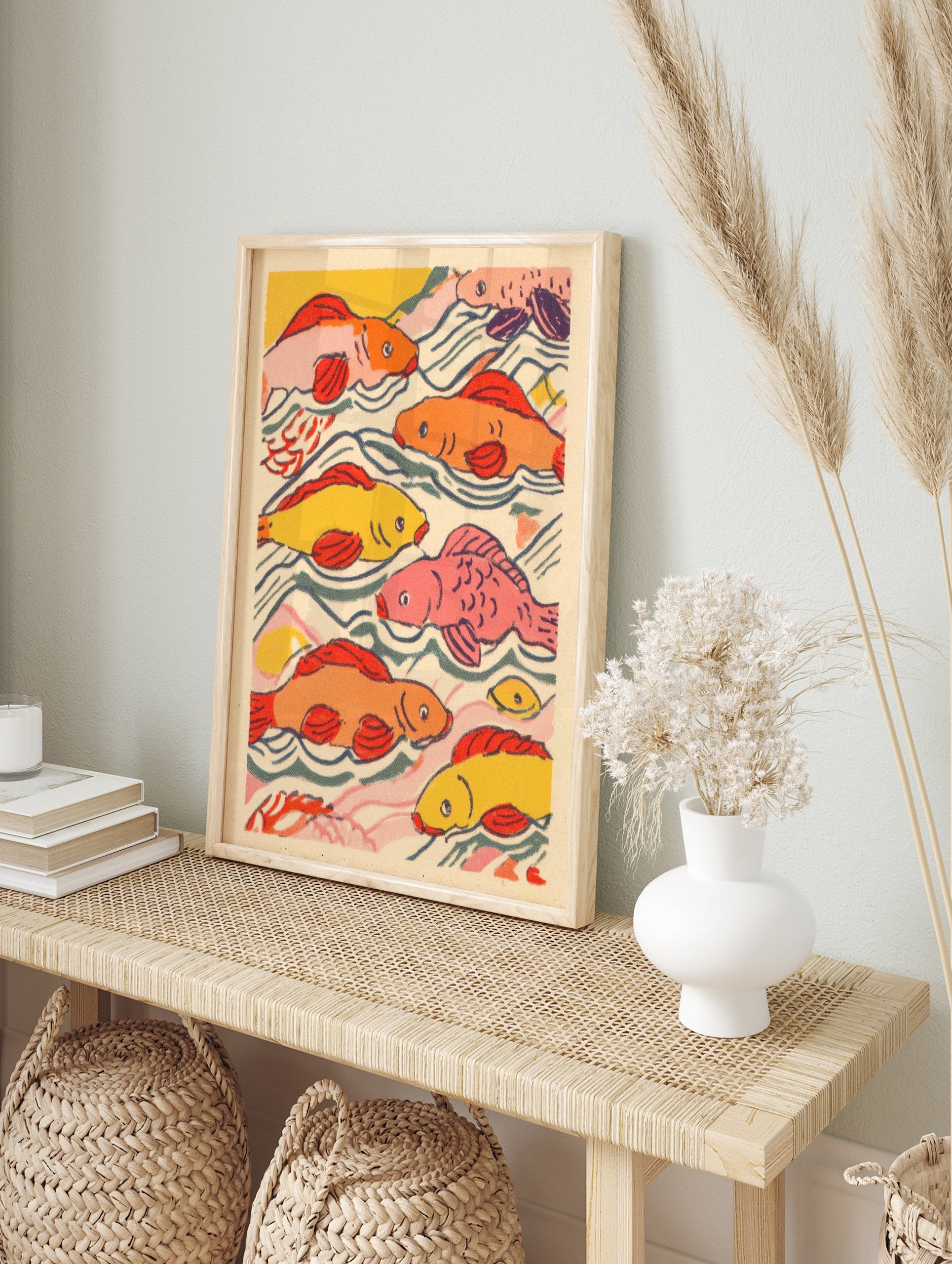 Colorful illustrative fish wall art print featuring multiple orange, yellow, and pink koi swimming in blue-green water. - Image 3