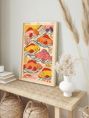 Colorful illustrative fish wall art print featuring multiple orange, yellow, and pink koi swimming in blue-green water. - Image 3